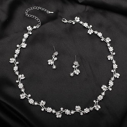 Elegant Brides Austrian Crystal Flower Choker Necklace Drop Dangle Earring Bracelet Wedding Jewelry Set for Bridesmaid Prom Costume Jewelry Set for Women - color: White-Platinum Plated