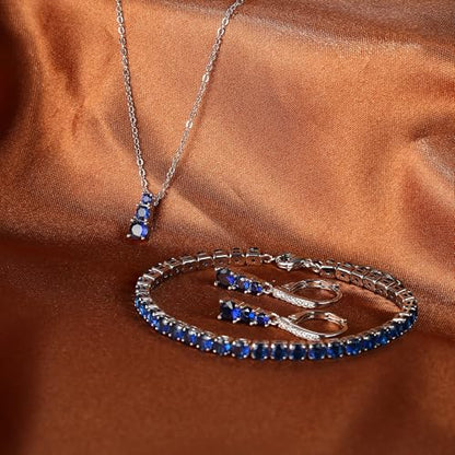 Crysdue Cubic Zirconia Jewelry Set for Women Bridesmaid, Classic Round Cut Drop Lightweight Lever Back Earrings Pendant Necklace Tennis Bracelet for Wedding Prom Party - style: 3pcs Sapphire, Silver