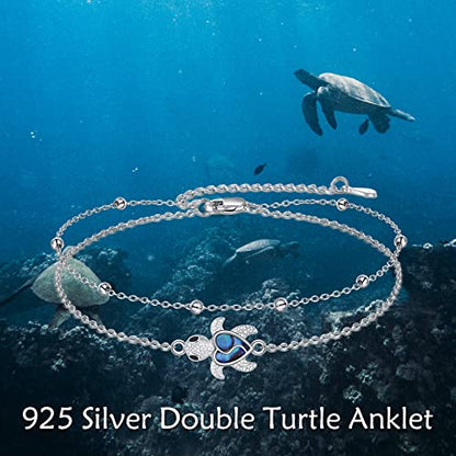 925 Sterling Silver Cat Butterfly Anklets Double Layered Chain for Birthday Women Ankle Bracelet Summer Beach Dainty Jewelry - style: D-Sea Turtle Anklet