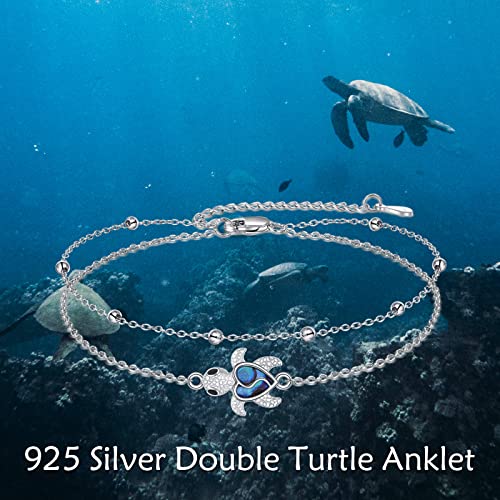 925 Sterling Silver Cat Butterfly Anklets Double Layered Chain for Birthday Women Ankle Bracelet Summer Beach Dainty Jewelry - style: D-Sea Turtle Anklet
