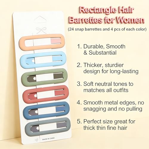 24 Pcs Rectangle Snap Hair Clips for Women Girls, 2.7 inch Large No Slip Matte Metal Hair Barrettes for Thick Thin Fine Hair - color: Grey/Sky Blue/Dark Blue/Green/Pink/Red