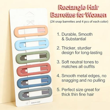 24 Pcs Rectangle Snap Hair Clips for Women Girls, 2.7 inch Large No Slip Matte Metal Hair Barrettes for Thick Thin Fine Hair - color: Grey/Sky Blue/Dark Blue/Green/Pink/Red