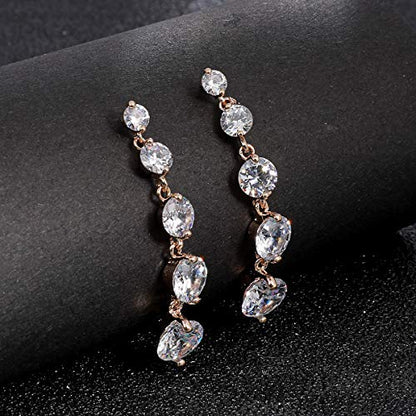 Women's Cubic Zirconia Bridal Earrings - Elegant Long Wedding Party Prom Earring for Bride Bridesmaids Crystal CZ Rhinestone Chandelier Statement Dangle Drop Earrings for girls - color: 5 Round CZ Drop Earring-gold