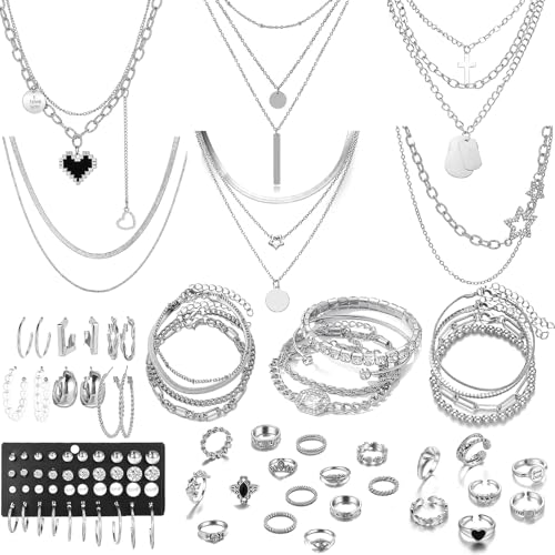 73 Pcs Gold Jewelry Set with 6Pcs Layered Necklace, 11 Pcs anklet and 7Pcs Earring Ear Cuff,12Hoop Earrings ,15pcs Rings,21pcs stud earrings Jewerly set for Women Pack for Friendship Party Gift - style: AA silver