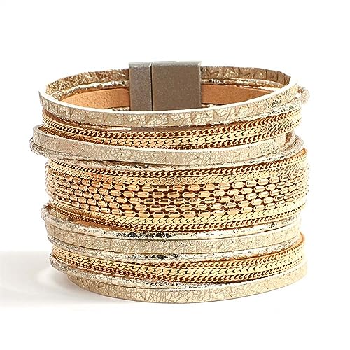 NOVSKI New Genuine Real Leather Wrap Bracelets Multi Strand Cord Metallic Chain Layered Wide Cuff Bracelet Gift Jewelry (Color : Dark Grey)