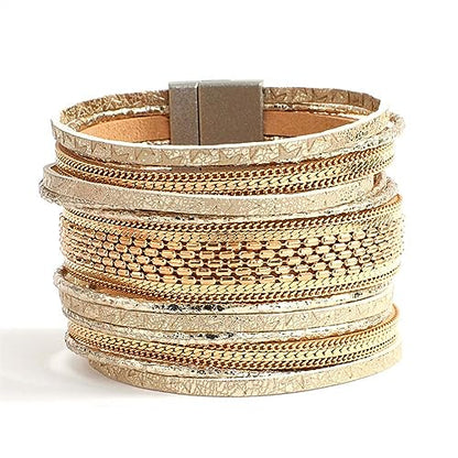 NOVSKI New Genuine Real Leather Wrap Bracelets Multi Strand Cord Metallic Chain Layered Wide Cuff Bracelet Gift Jewelry (Color : Dark Grey)