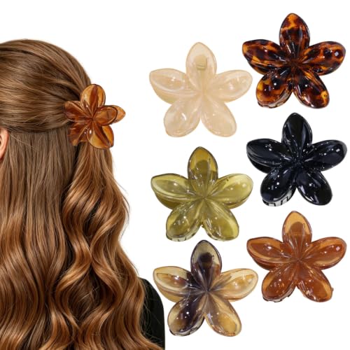 6 Pack Flower Hair Claw Clips for Women Hawaiian Plumeria Claw Clip (Brown) | Strong Hold Nonslip Large Hair Clip for Beach Holiday Thick Thin Hair Accessories - color: Brown