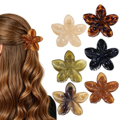 6 Pack Flower Hair Claw Clips for Women Hawaiian Plumeria Claw Clip (Brown) | Strong Hold Nonslip Large Hair Clip for Beach Holiday Thick Thin Hair Accessories - color: Brown