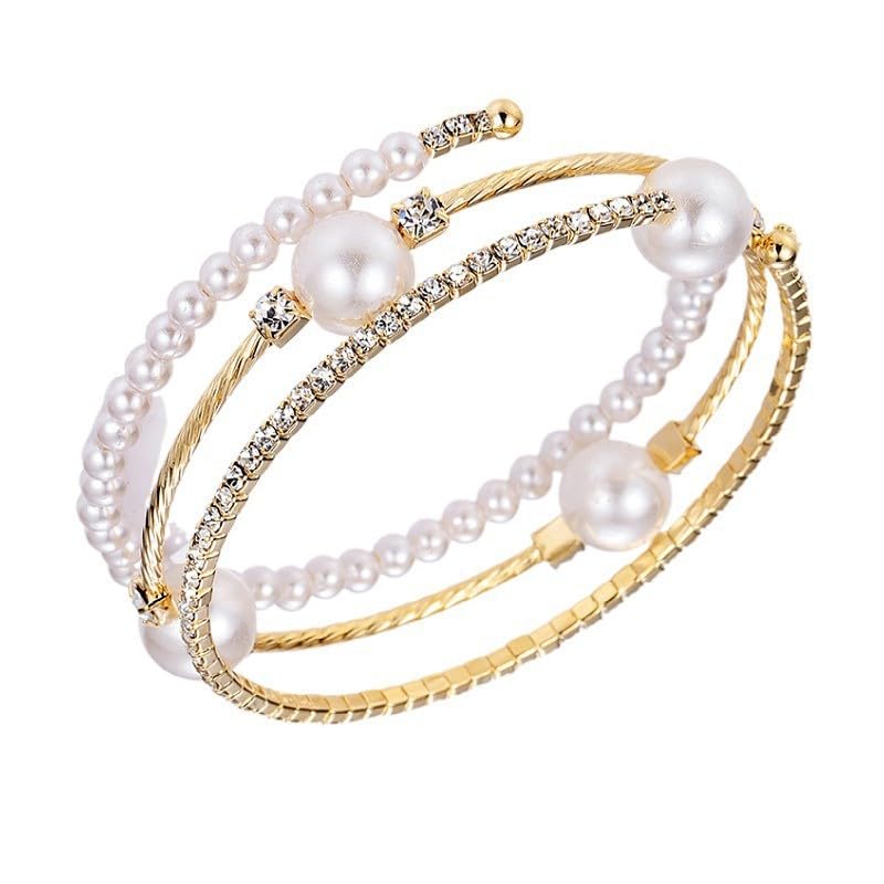 Imitition Pearl Stretch Bracelet Layers Stackable Bangle Bracelet Crystals Pearl Elastic Wristband for Women Wedding Jewelry - color: Sytle 9 Gold