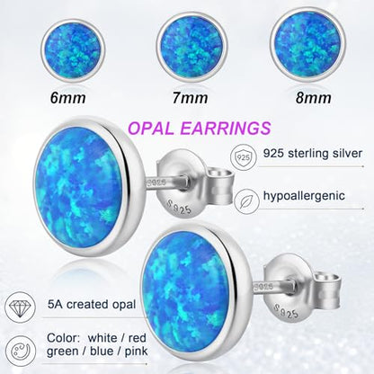 Jiamiaoi 18K White Gold Plated Opal Earrings s925 Sterling Silver Opal Stud Earrings Hypoallergenic Earring Studs For Women Men, 6mm-8mm Options - color: d-blue silver, size: 6mm