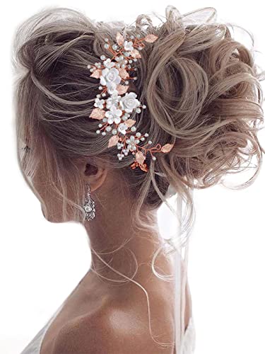 Flower Bride Wedding Hair Vine Pearl Bridal Hair Piece Leaf Hair Accessories Rhinestone Headband for Women (Rose Gold) - color: Rose Gold