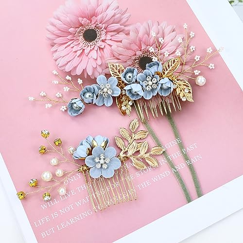 Cinaci 18 Pieces Bridal Wedding Party Prom Pearl Rhinestone Light Blue Flower Hair Side Combs Slides+U-shaped Flower Hair Pins+Twist Spiral Hairpins Floral Headpieces for Brides Bridesmaids Women Girl - color: Light Blue