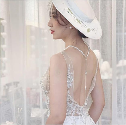 White Elegant Boho Pearl Back Chain Necklace Vintage Pearl Backdrop Long Sexy Tassel Pendant Body Chain Backless Dress Accessories for Women Wedding Brides and Prom Off-shoulder Dressing
