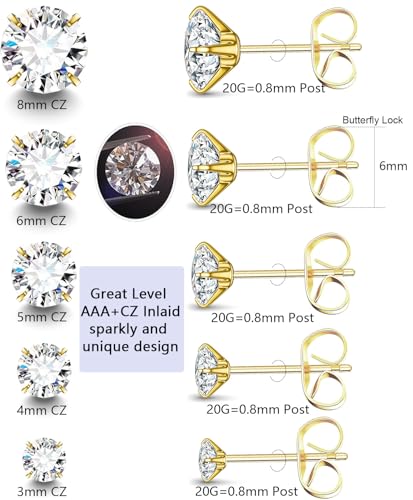 Stainless Steel Stud and Hoop Earrings Sets for Ear Stacks | Choose gold or silver pearl studs, CZ studs, flat backs, butterfly backs, hoops and multi-pair ear stack sets. - color: 5 Pairs 20G Gold