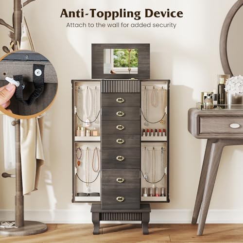 Giantex Standing Jewelry Cabinet with 7 Drawers, Flip-Top Mirror, 2 Side Doors with 12 Necklace Hooks, Divided Ring Compartments, Velvet-Lined Jewelry Armoire Organizer Chest (Weathered Gray) - color: Weathered Gray