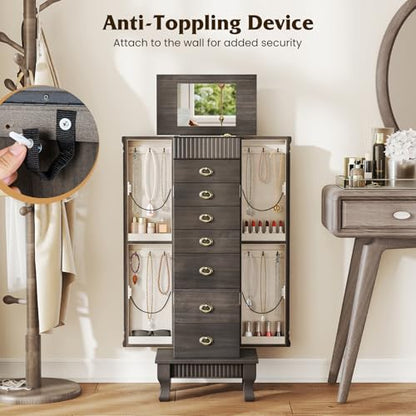Giantex Standing Jewelry Cabinet with 7 Drawers, Flip-Top Mirror, 2 Side Doors with 12 Necklace Hooks, Divided Ring Compartments, Velvet-Lined Jewelry Armoire Organizer Chest (Weathered Gray) - color: Weathered Gray