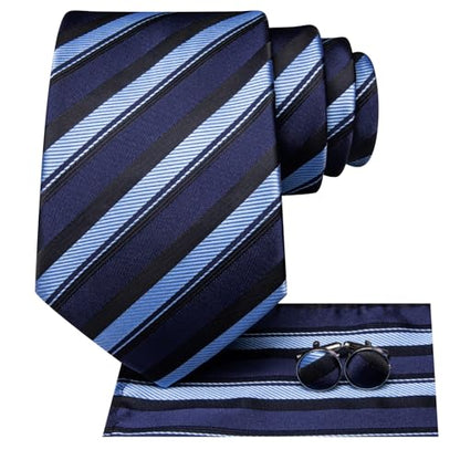 Hi-Tie Men 63inches Tie Set Extra Long Necktie Paisley Tie Pocket Suqare Cufflinks Big and Tall Men Tie - color: Black Blue