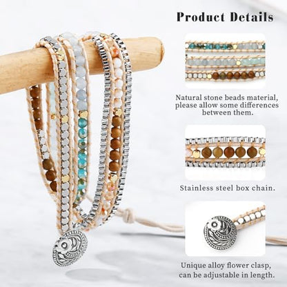Boho 5 Wrap Bead Bracelet for Men Women - Handmade Adjustable Natural Chakras Stone Crystal Beaded Bracelets Cuff Rope Yoga Healing Bracelet Bangle Hippie Jewelry - color: Light Blue3