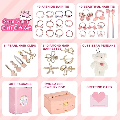 Hair Accessories for Girls，Teen Girl Gifts Including Jewelry Box/Hair Clips/Hair Barrettes/Hair Ties/Hair Bows，birthday gift for girls age 6 7 8-14（Cute Bear） - color: Cute Bear