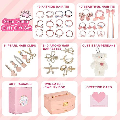 Hair Accessories for Girls，Teen Girl Gifts Including Jewelry Box/Hair Clips/Hair Barrettes/Hair Ties/Hair Bows，birthday gift for girls age 6 7 8-14（Cute Bear） - color: Cute Bear