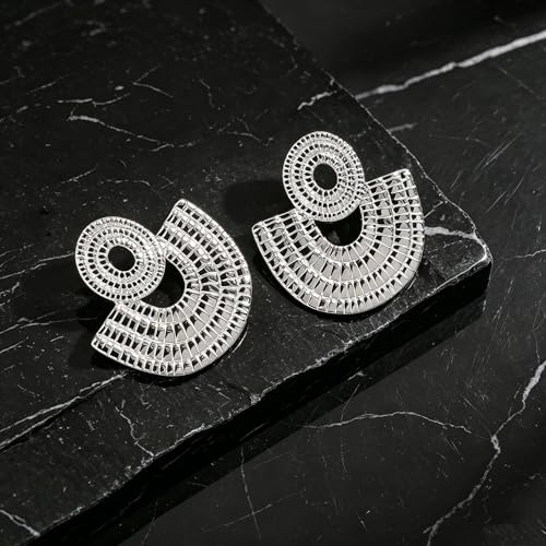 Gold Statement Earrings For Women, 14K Gold Plated Textured Geometric Drop Earrings - Hypoallergenic Stainless Steel Statement Earrings for Women, Waterproof Fan-Shaped Dangle Earrings for Beach & Daily Wear - color: Fan Silver DKE252046S