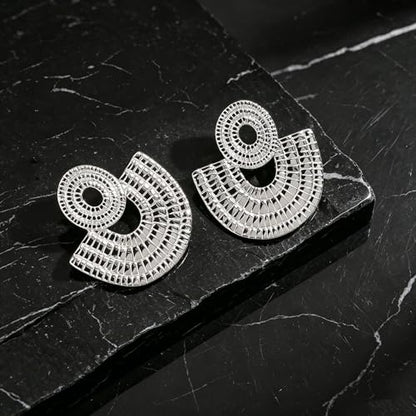 Gold Statement Earrings For Women, 14K Gold Plated Textured Geometric Drop Earrings - Hypoallergenic Stainless Steel Statement Earrings for Women, Waterproof Fan-Shaped Dangle Earrings for Beach & Daily Wear - color: Fan Silver DKE252046S