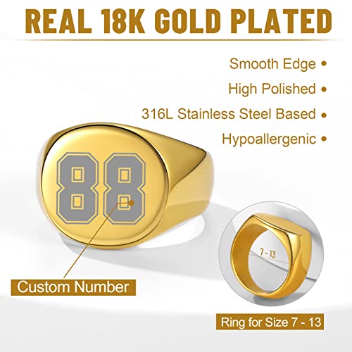 GoldChic Jewelry Personalized Signet Rings Men Women, Stainless Steel Custom Photo Bold Square/Oval Monogram/Old English Initial Pinky Stacking Statement Ring in Black/Silver/Gold (Size 7-14) - color: Gold-Number -Round