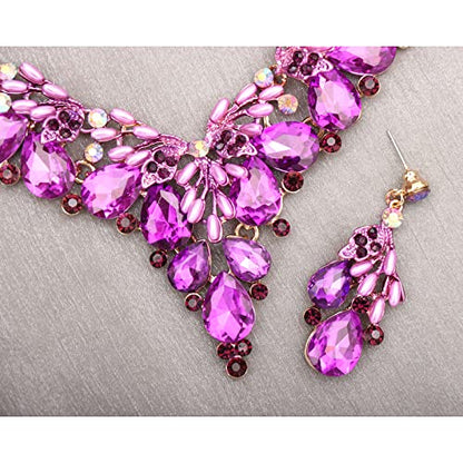 Jewelry Set for Women, Statement Necklace Dangle Earrings Bracelet Ring, White/KC Gold Plated Jewelry Set with Rhinestone Pearl Crystal Wedding Party Jewelry for Bridal Bridesmaid - color: Deep Purple-Gold Plated