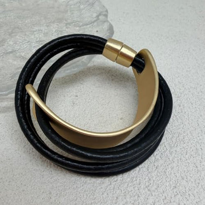 Leather Wrap Bracelet for Women Bangle Bracelet Handmade Bohemian Bangle Bold Statement Leather Bracelet for Women Trendy - style: Black Leather Wrap Bracelet-Gold