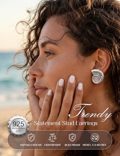 Chunky Gold Stud Earrings for Women Sterling Silver Earring Hypoallergenic | Non Tarnish 14K Gold Plated 925 Silver Posts for Sensitive Ears,Knot Statement Dangle Earrings Gold Jewelry Gifts Lightweight - color: silver plated-conch