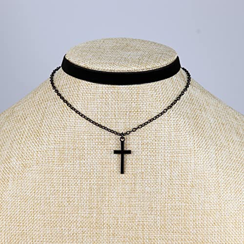 Gothic Layered Necklace, Black Velvet Choker with Dark Pendant | Soft Velvet Choker, Black Pendant, Layered Chain, Dark Academia Aesthetic, Alt Fashin Jewelry, Goth Gift for Women - style: Black Cross