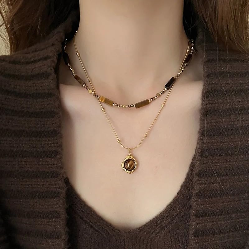 2pcs Retro Temperament Layered Tiger Eye Stone Pendant Necklace For Women Stainless steel Double-Layer Collarbone Chain Sets