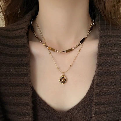 2pcs Retro Temperament Layered Tiger Eye Stone Pendant Necklace For Women Stainless steel Double-Layer Collarbone Chain Sets