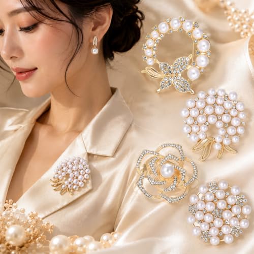 4pcs Crystal Pearl Brooch, Flower Pearl Brooch Pins for Women | Fashion Elegant Glod Crystal Floral Brooches for Dress Coat Shawl Wedding Appreciation Decor