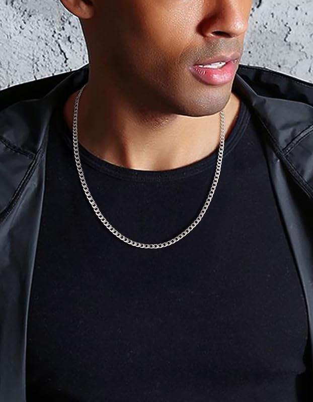 ChainsHouse Stainless Steel Cuban Link Chain Necklace for Mens Jewelry | 4mm/6mm/9mm/13mm Width Flat Cuban Chain, Black/14K Gold Plated Hip Hop Jewelry Mens Necklace 14"-30" Length with Gift Box - color: Silver