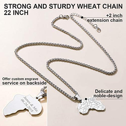 GOLDCHIC JEWELRY Africa Map Necklace for Men, Stainless Steel African Tribal/Egyptian Eye of Horus/I LOVE AFRICA/Elephant Map Hiphop Jewelry Unisex with 22'+2'Adjustable Chain - color: Africa Map - Stainless Steel, style: Personalised Engraving