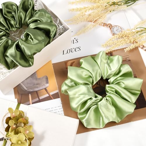 2 PCS Green Jumbo Satin Silky Scrunchies 6.5 Inches Oversized Scrunchie Extra Large Big Hair Ties Ponytail Holder for Thick Curly Hair Women (Sage, Olive Green) - color: Sage, Olive Green