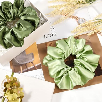 2 PCS Green Jumbo Satin Silky Scrunchies 6.5 Inches Oversized Scrunchie Extra Large Big Hair Ties Ponytail Holder for Thick Curly Hair Women (Sage, Olive Green) - color: Sage, Olive Green