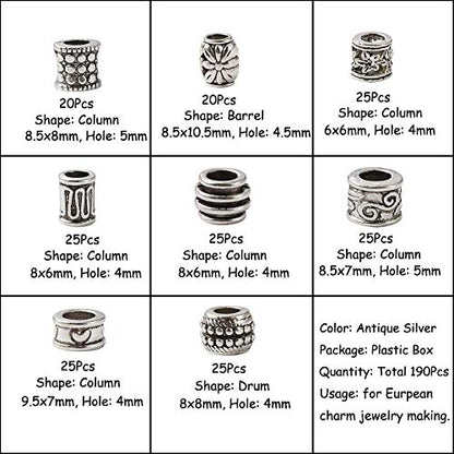 Craftdady 190Pcs Antique Silver Spacer Beads 8 Styles Tibetan Large Hole Column Tube Barrel Metal Charm Beads Hole: 4-5mm Fit European Charm Snake Chain Bracelet Jewelry Making - color: 8 Styles, 190Pcs, Antique Silver