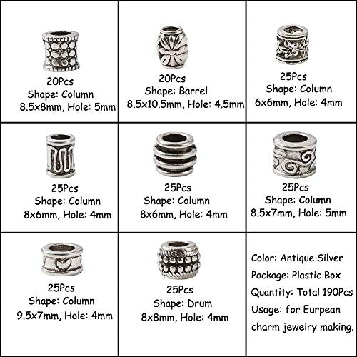 Craftdady 190Pcs Antique Silver Spacer Beads 8 Styles Tibetan Large Hole Column Tube Barrel Metal Charm Beads Hole: 4-5mm Fit European Charm Snake Chain Bracelet Jewelry Making - color: 8 Styles, 190Pcs, Antique Silver