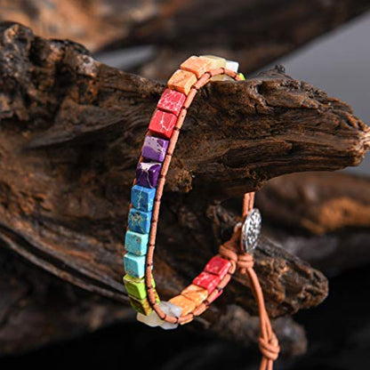 YGLINE Boho Handmade Wrap Leather Tube Crystal Stone Bracelet for Women - color: Chakra Cube 2