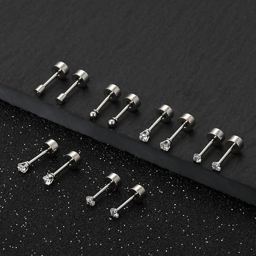 Tornito 24 Pairs Tiny Stud Earrings Stainless Steel Cubic Zirconia Ball Dot Small Cartilage Stud Earrings Set For Women Men Comfy Screw Flat Back For Multiple Piercing 2MM 20G