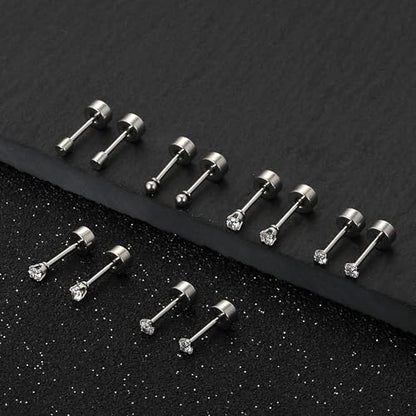 Tornito 24 Pairs Tiny Stud Earrings Stainless Steel Cubic Zirconia Ball Dot Small Cartilage Stud Earrings Set For Women Men Comfy Screw Flat Back For Multiple Piercing 2MM 20G