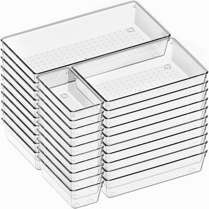 30 Pack Large Clear Plastic Drawer Organizer Bins - Acrylic Kitchen Drawer Organization and Storage Dividers for Utensils Gadgets, Office Bathroom and Vanity Organizer for Makeup Accessoires - size: 30 Pack