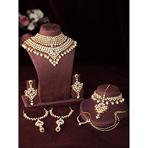 Aheli Bollywood Style Indian Bridal Choker Necklace Matha Patti Nose Ring Haath Phool Wedding Fashion Bharatanatyam jewellery set for Women - color: Maroon