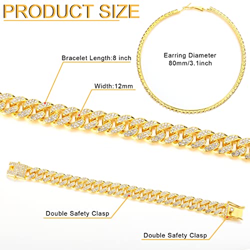 Batiyeer 3 Pcs Cuban Link Chain Necklace Bracelet Rhinestone Hoop Earrings Bling Crystal Hip Hop Jewelry for Women(20 Inch,Gold) - color: Gold, size: 20 Inch