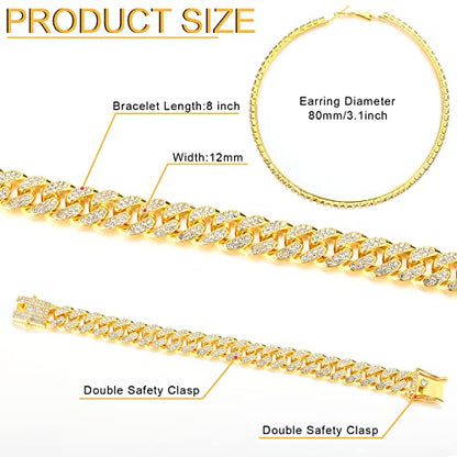 Batiyeer 3 Pcs Cuban Link Chain Necklace Bracelet Rhinestone Hoop Earrings Bling Crystal Hip Hop Jewelry for Women(20 Inch,Gold) - color: Gold, size: 20 Inch