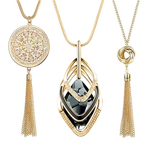 3PCS Long Pendant Necklaces for Women Disk Circle Pendant Triple Stack Pendant Necklace Tassel Sweater Necklace Statement Necklace Y Necklaces Set - color: Goldtone B