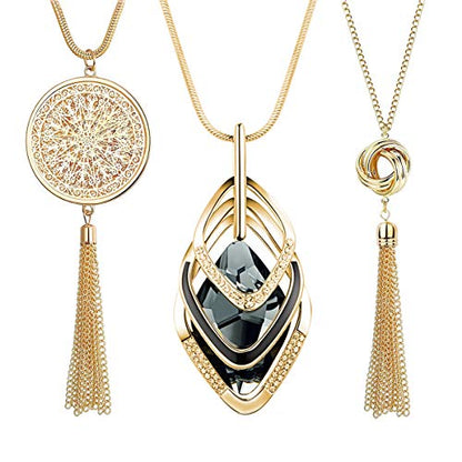 3PCS Long Pendant Necklaces for Women Disk Circle Pendant Triple Stack Pendant Necklace Tassel Sweater Necklace Statement Necklace Y Necklaces Set - color: Goldtone B