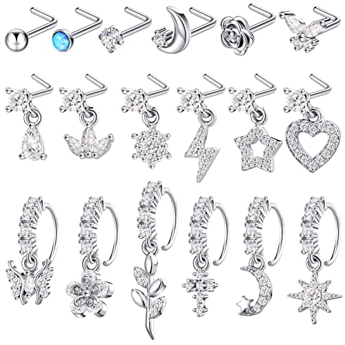 18 Pcs Dangle Nose Ring L Shaped Dangling Nose Stud Nose Ring Hoop Indian Nose Piercing Jewelry with Charm - color: Silver